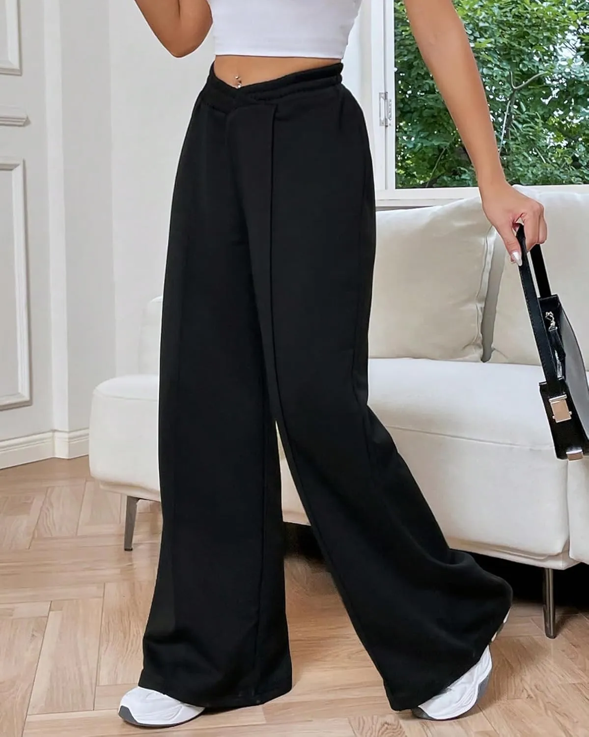 Kedera Womens High Waisted Wide Leg Sweatpants Casual Solid Color Asymmetrical Long Pants Trousers