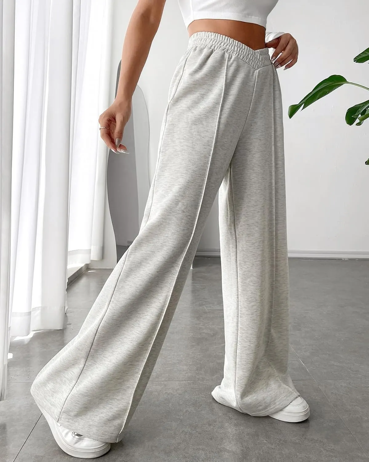 Kedera Womens High Waisted Wide Leg Sweatpants Casual Solid Color Asymmetrical Long Pants Trousers
