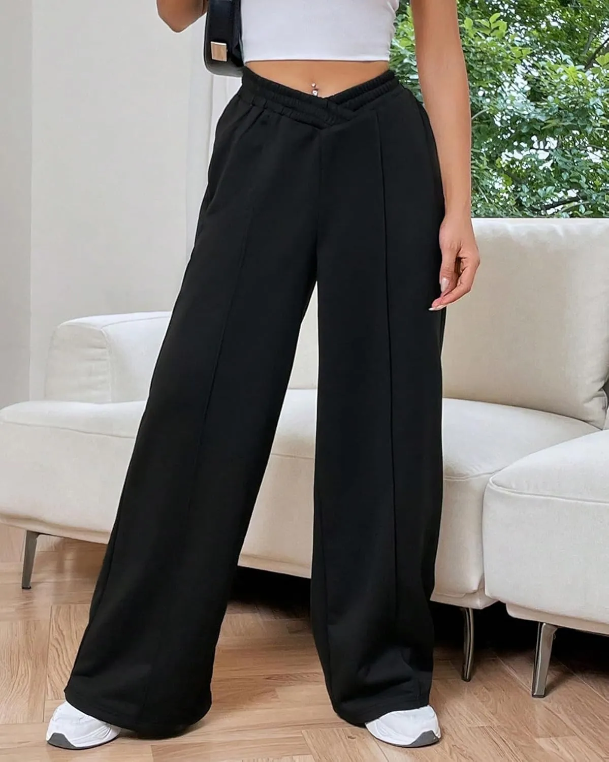 Kedera Womens High Waisted Wide Leg Sweatpants Casual Solid Color Asymmetrical Long Pants Trousers