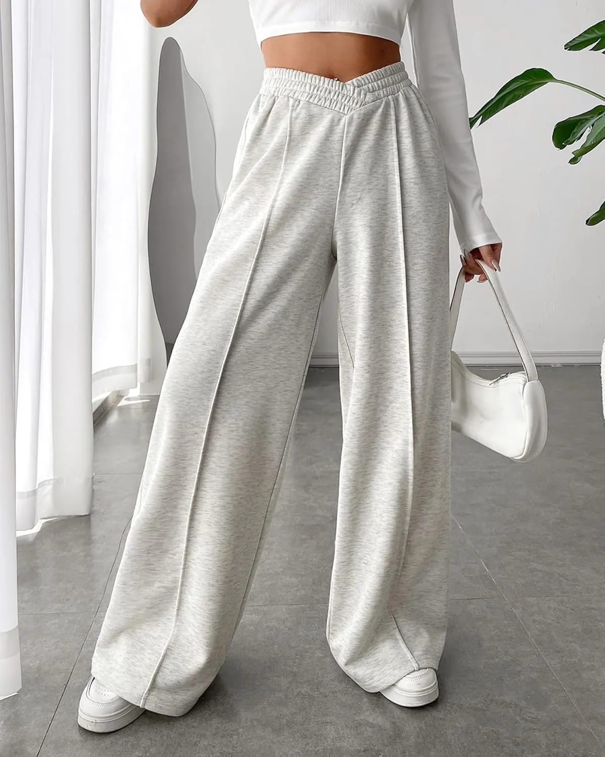 Kedera Womens High Waisted Wide Leg Sweatpants Casual Solid Color Asymmetrical Long Pants Trousers