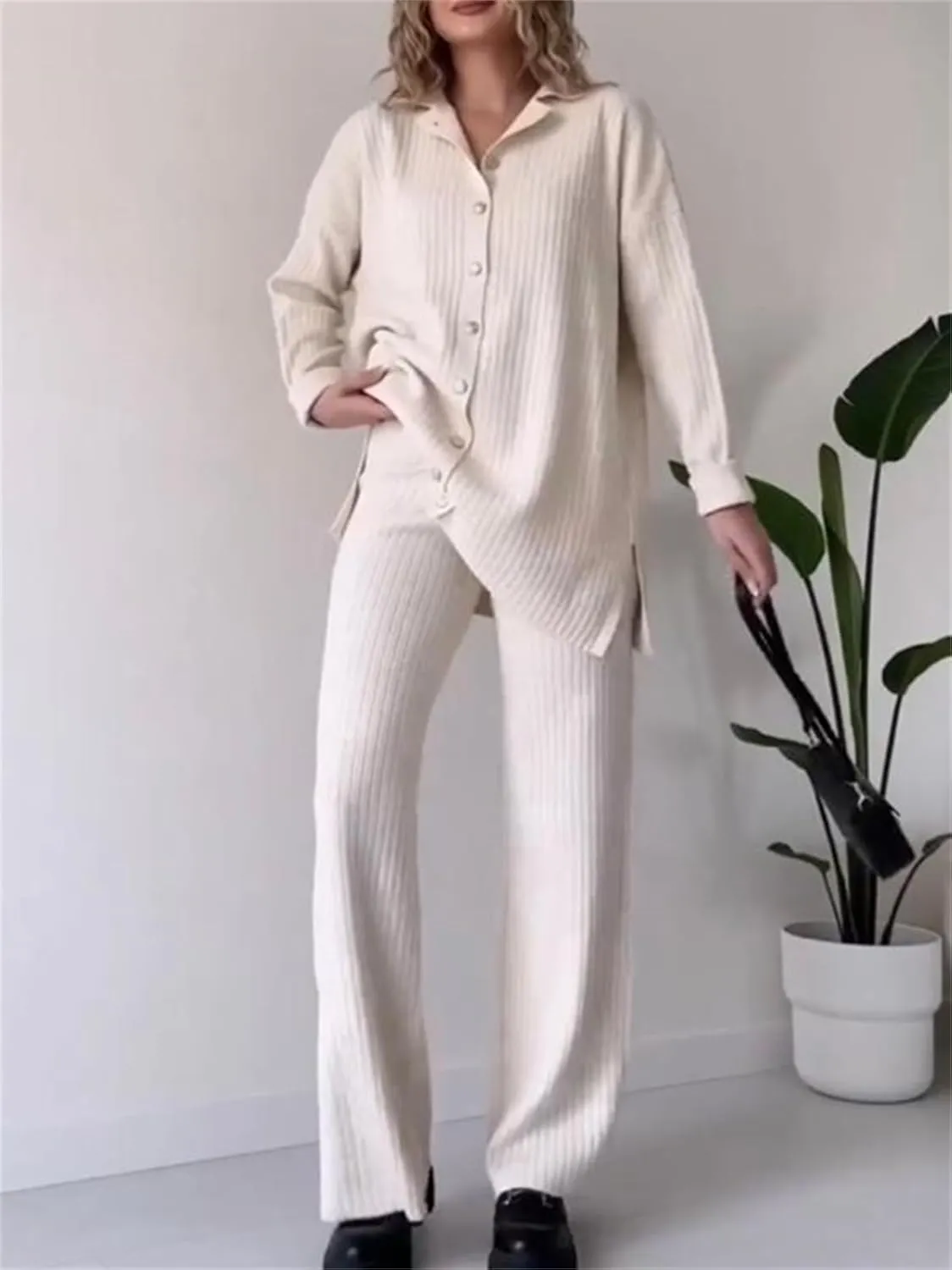KEOMUD Women's Fall 2 Piece Sweater Set Long Sleeve Lapel Button Knit Candigans and Wide Leg Pants Lounge Sets