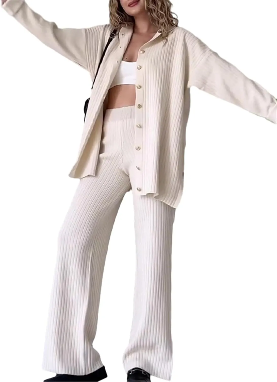KEOMUD Women's Fall 2 Piece Sweater Set Long Sleeve Lapel Button Knit Candigans and Wide Leg Pants Lounge Sets
