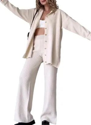 KEOMUD Women's Fall 2 Piece Sweater Set Long Sleeve Lapel Button Knit Candigans and Wide Leg Pants Lounge Sets