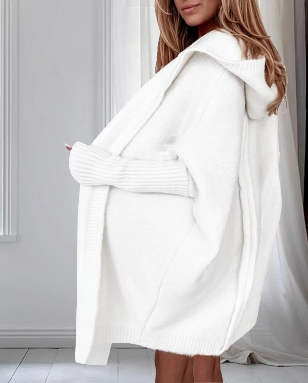 Knitted Hooded Sweater for Womens Casual Open Front Cardigan Winter Sweater Batwing Sleeve Long Sweater Coats