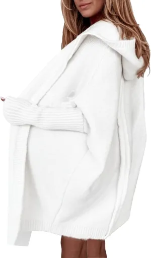 Knitted Hooded Sweater for Womens Casual Open Front Cardigan Winter Sweater Batwing Sleeve Long Sweater Coats