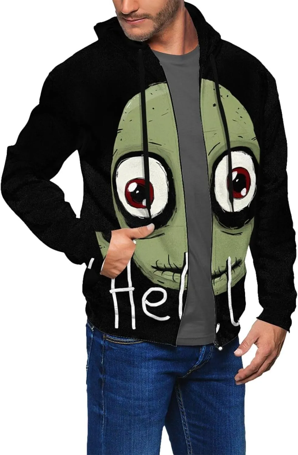 Koury Anime Salad Fingers Mens Hoodie Fashion Full Zip Hooded Long Sleeve Sweatshirt