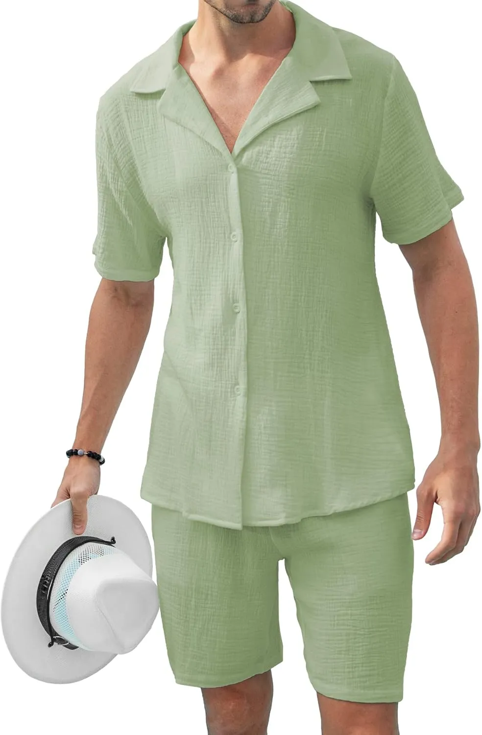 KUYIGO Men's 2 Pieces Beach Outfits Cotton Shirt Set Short Sleeve Button Down Casual Hippie Holiday T-Shirts Shorts Sets Light Green Medium