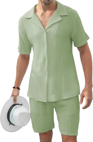 KUYIGO Men's 2 Pieces Beach Outfits Cotton Shirt Set Short Sleeve Button Down Casual Hippie Holiday T-Shirts Shorts Sets Light Green Medium