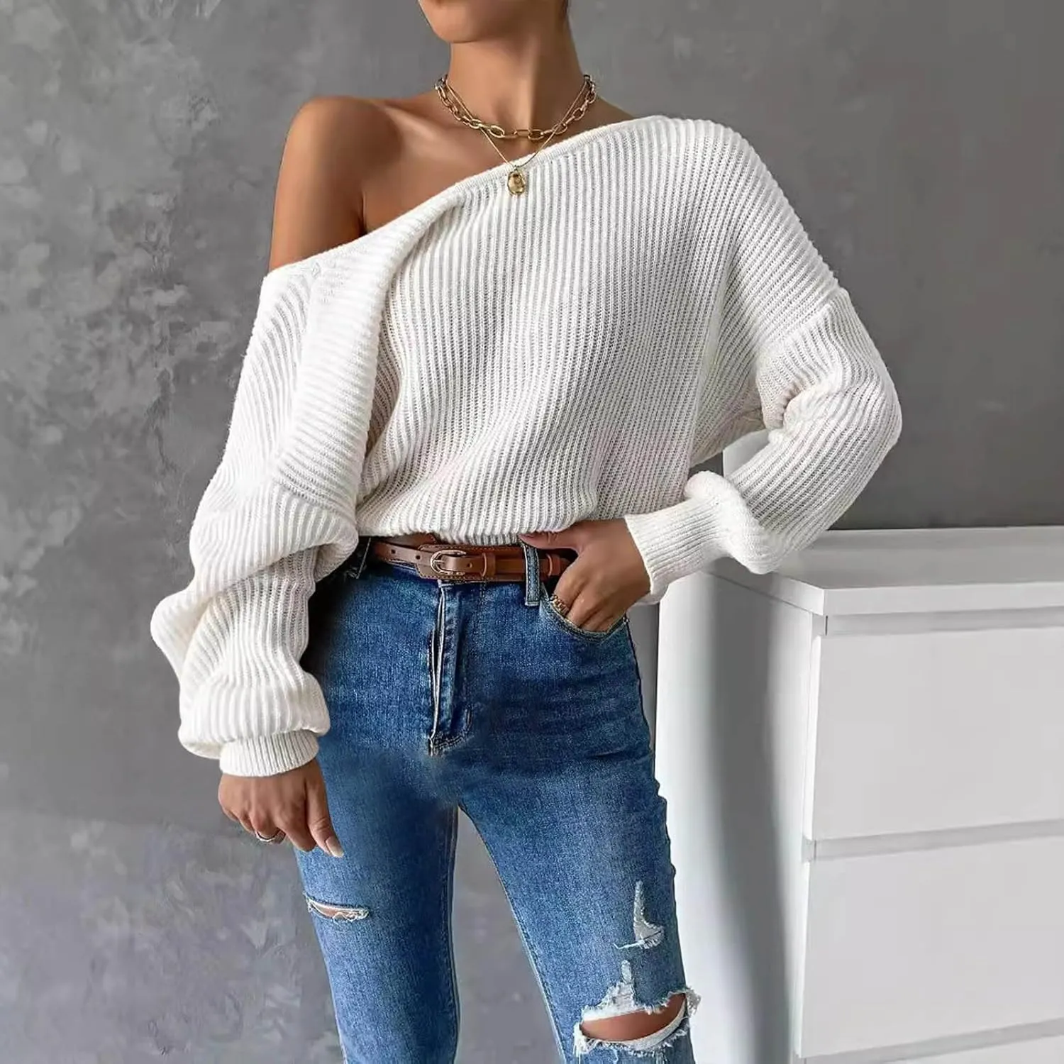Ladies Fall Winter Fashion Sweaters Casual Long Sleeve Ribbed Knit Cropped Sweater Pullover Jumper Tops