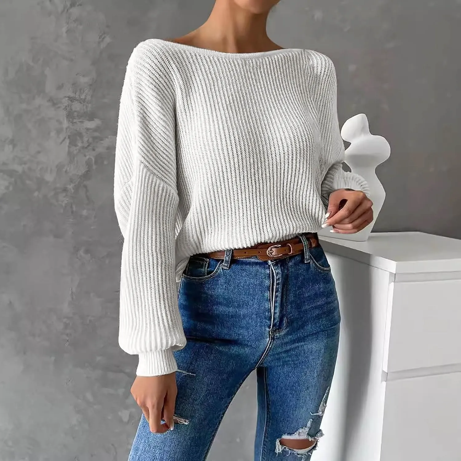 Ladies Fall Winter Fashion Sweaters Casual Long Sleeve Ribbed Knit Cropped Sweater Pullover Jumper Tops