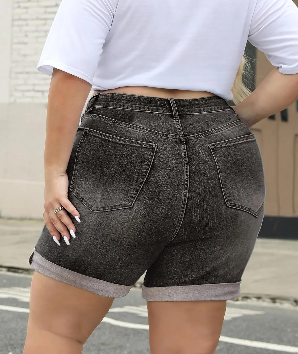LALAGEN Women Plus Size Jean Shorts Stretchy High Waisted Distressed Ripped Denim Shorts Trendy Summer Casual Jorts