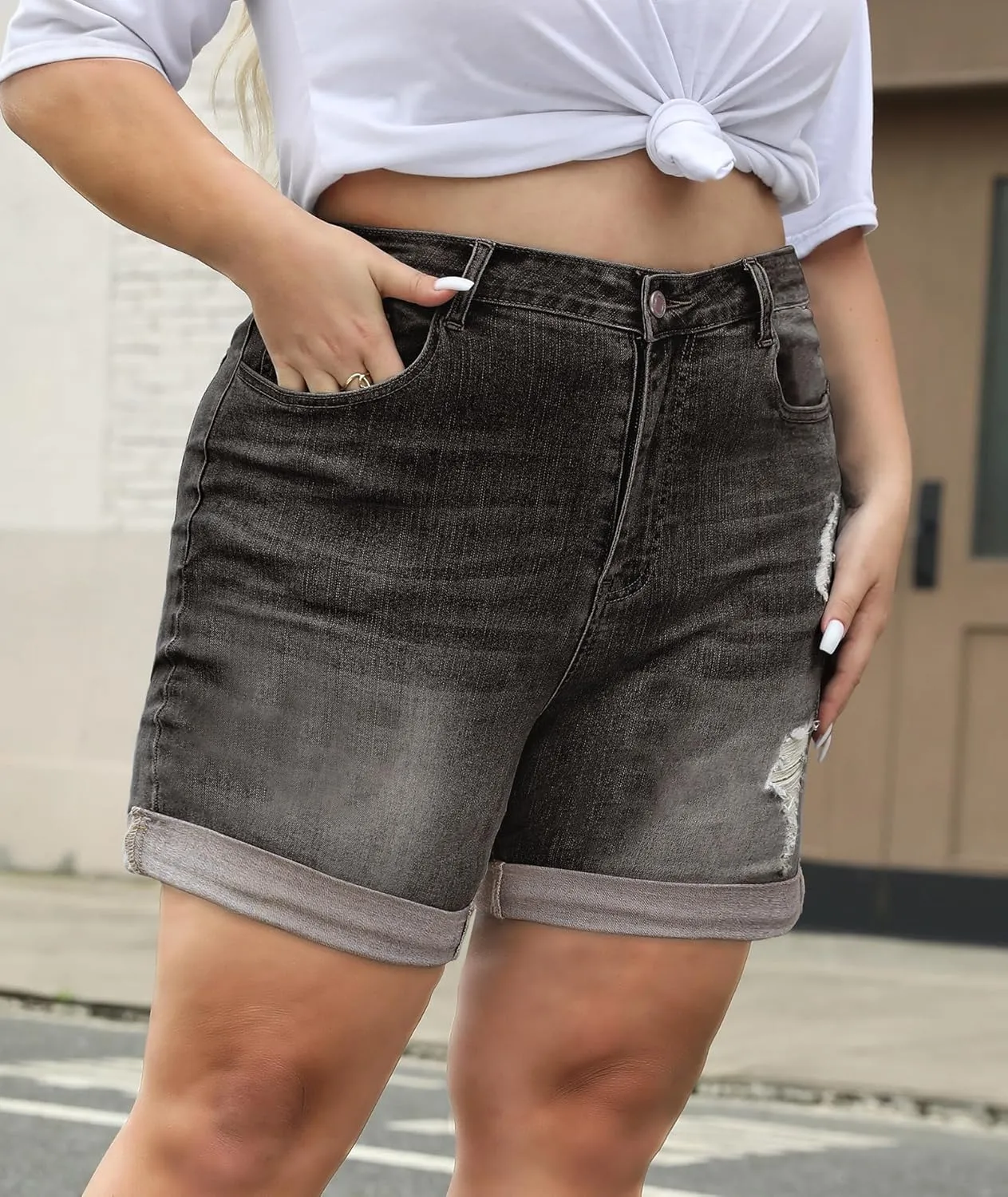 LALAGEN Women Plus Size Jean Shorts Stretchy High Waisted Distressed Ripped Denim Shorts Trendy Summer Casual Jorts