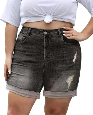 LALAGEN Women Plus Size Jean Shorts Stretchy High Waisted Distressed Ripped Denim Shorts Trendy Summer Casual Jorts