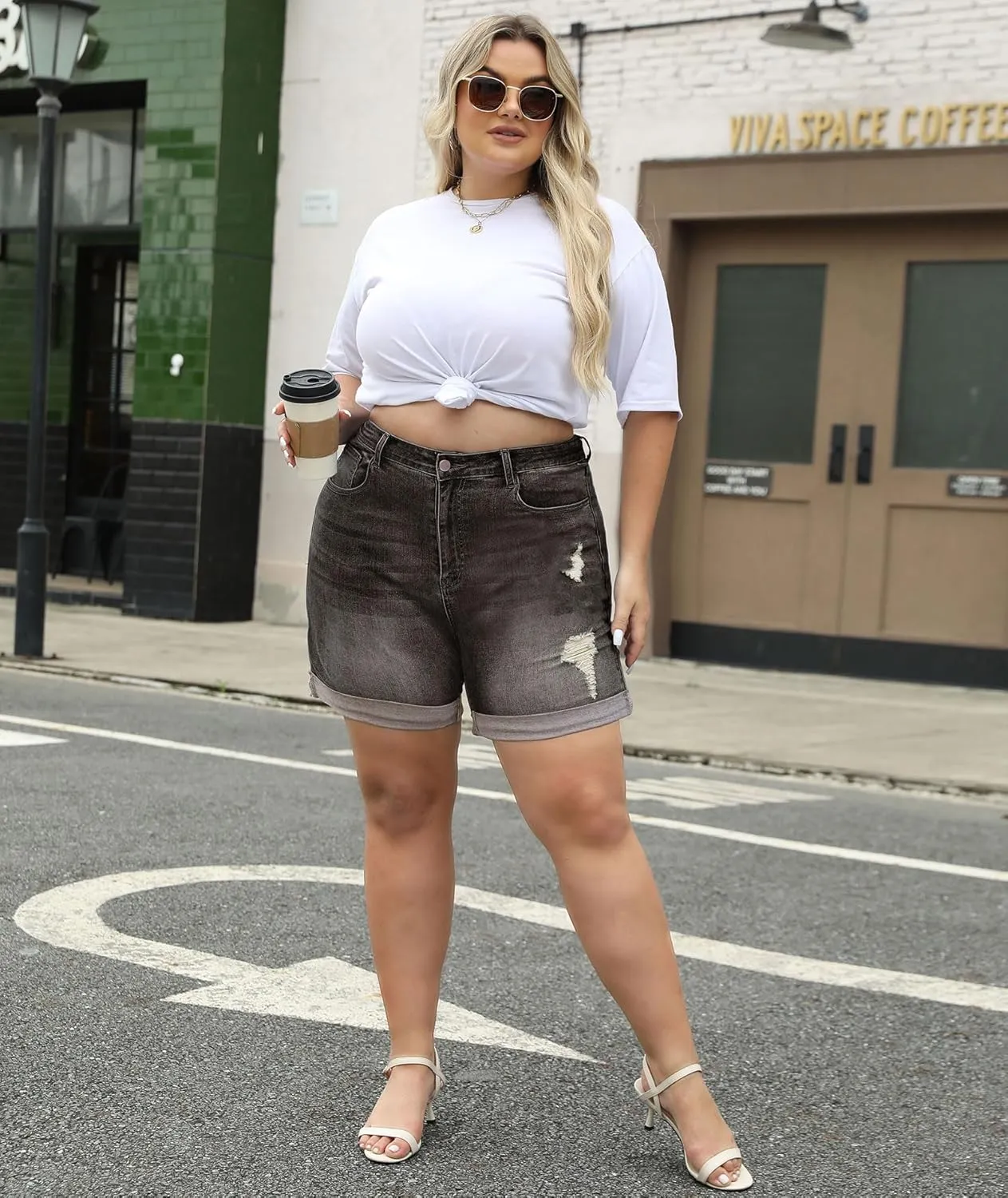 LALAGEN Women Plus Size Jean Shorts Stretchy High Waisted Distressed Ripped Denim Shorts Trendy Summer Casual Jorts