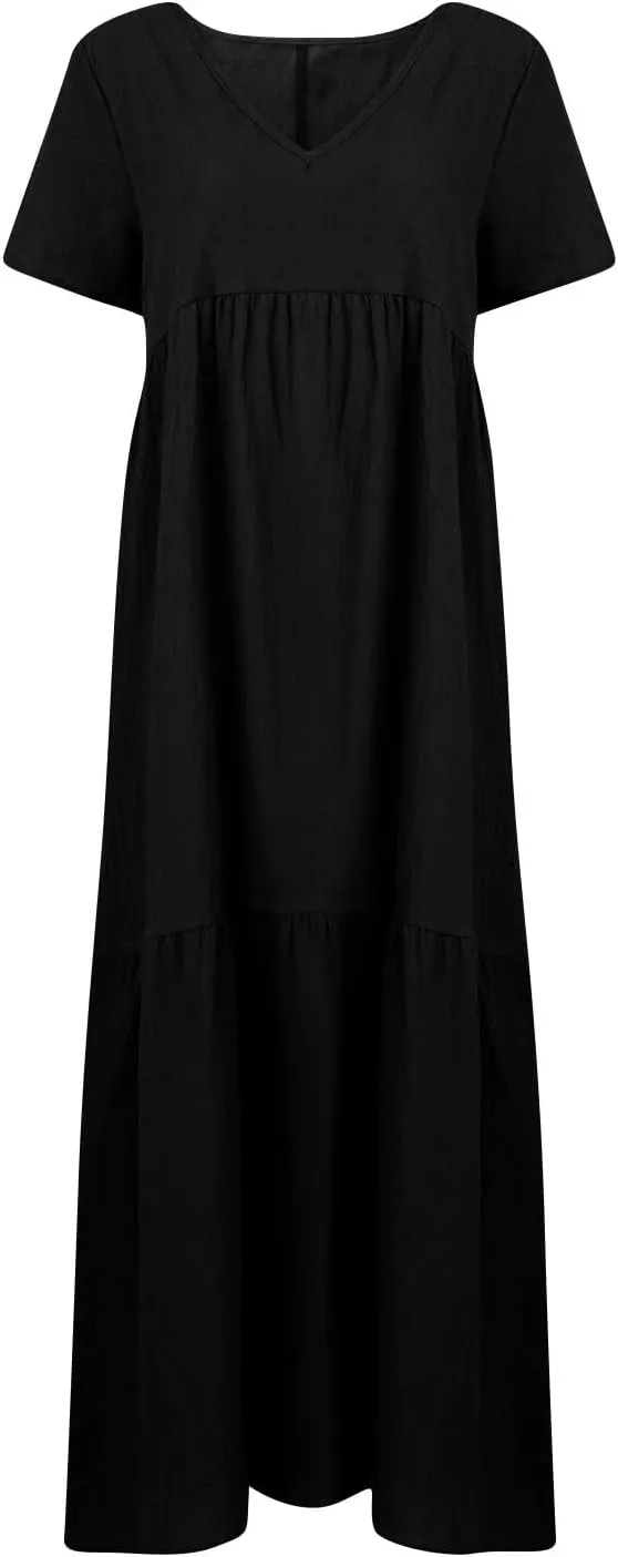 Linen Dresses for Women 2025 Short Sleeve Plus Size Boho Maxi Dresses Flowy V Neck Long Beach Dress Vacation Outfits