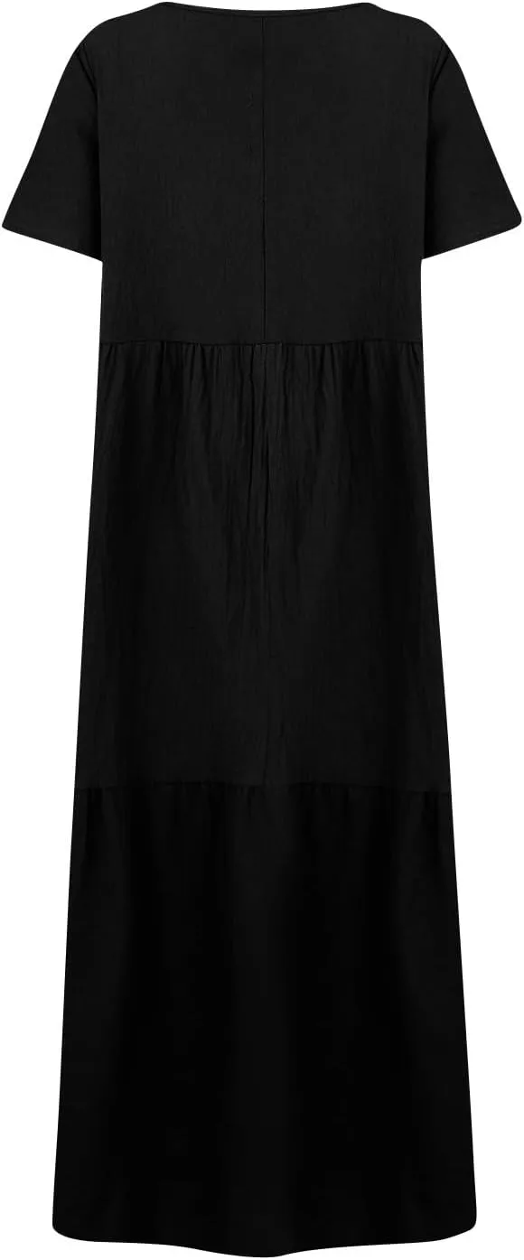 Linen Dresses for Women 2025 Short Sleeve Plus Size Boho Maxi Dresses Flowy V Neck Long Beach Dress Vacation Outfits