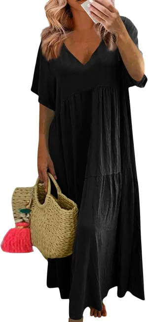 Linen Dresses for Women 2025 Short Sleeve Plus Size Boho Maxi Dresses Flowy V Neck Long Beach Dress Vacation Outfits