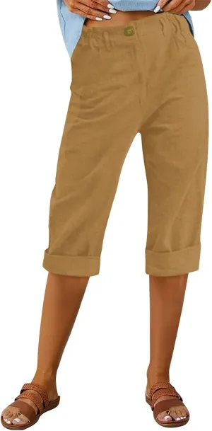 Linen Pants for Women 2025 Casual Elastic Waist Cropped Trouser Fashion Resort Wear Beach Vacation Capris Clothes