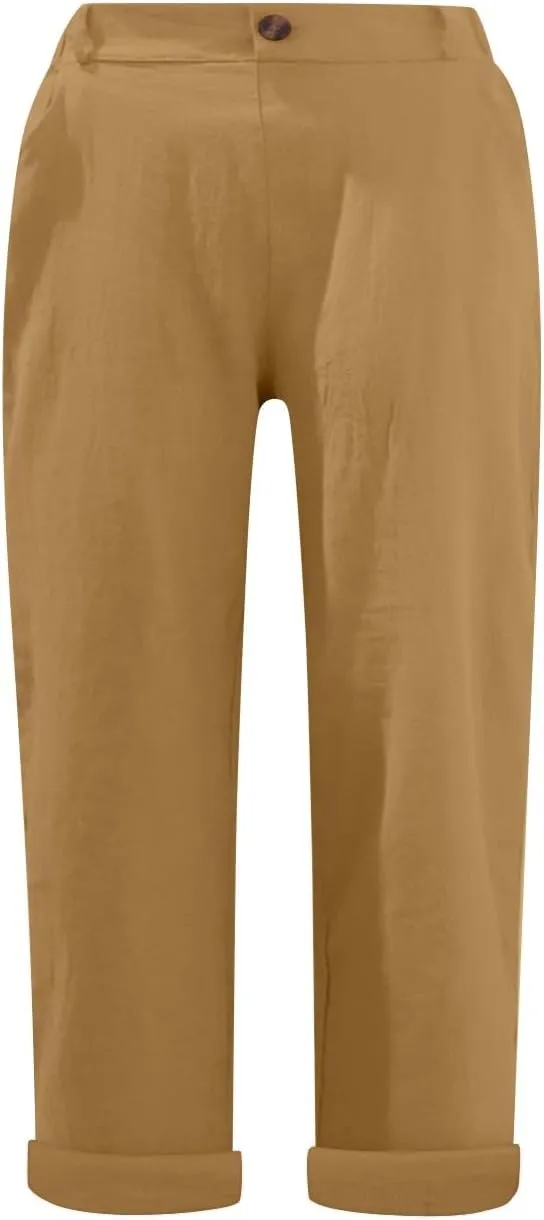 Linen Pants for Women 2025 Casual Elastic Waist Cropped Trouser Fashion Resort Wear Beach Vacation Capris Clothes