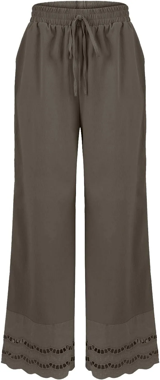 Linen Pants Women Wide Leg Cropped Lounge Trousers Drawstring Elastic Waist Summer Boho Palazzo Flowy Pant Outfits