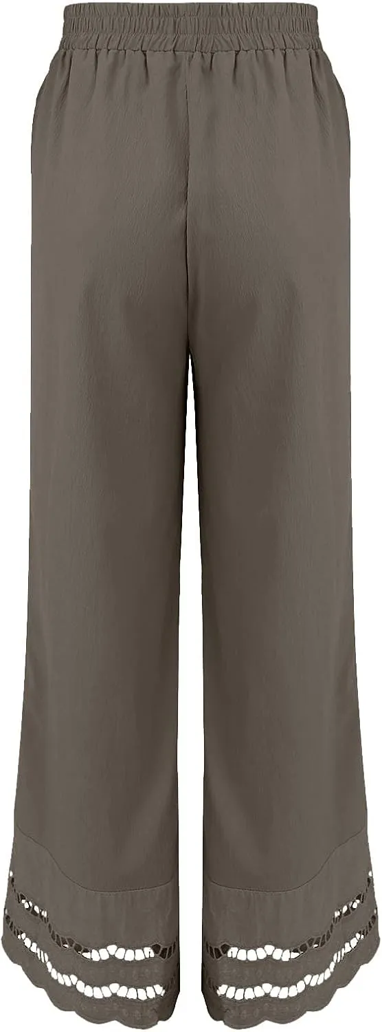 Linen Pants Women Wide Leg Cropped Lounge Trousers Drawstring Elastic Waist Summer Boho Palazzo Flowy Pant Outfits