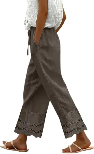 Linen Pants Women Wide Leg Cropped Lounge Trousers Drawstring Elastic Waist Summer Boho Palazzo Flowy Pant Outfits