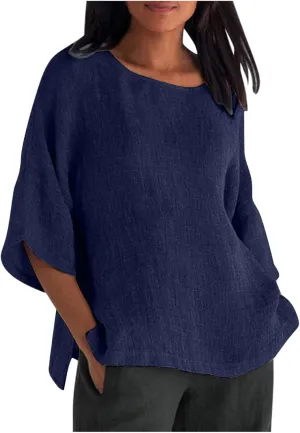 Linen Shirts for Women Plus Size 3/4 Length Sleeve Tops Casual Loose Fit Round Neck Tees 2025 Summer Fashion Blouse