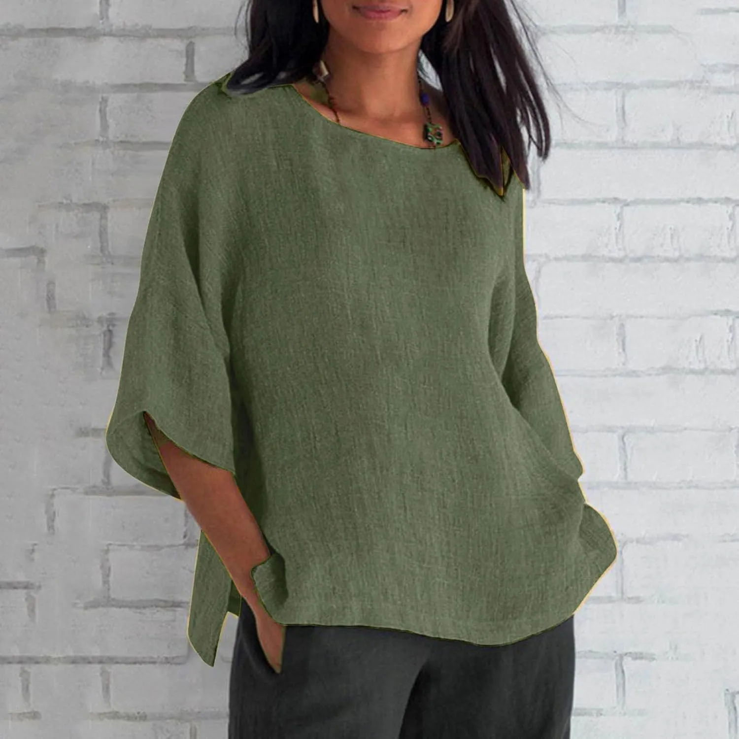 Linen Shirts for Women Plus Size 3/4 Length Sleeve Tops Casual Loose Fit Round Neck Tees 2025 Summer Fashion Blouse