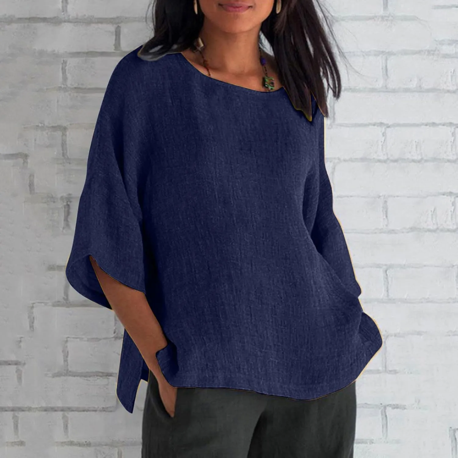 Linen Shirts for Women Plus Size 3/4 Length Sleeve Tops Casual Loose Fit Round Neck Tees 2025 Summer Fashion Blouse
