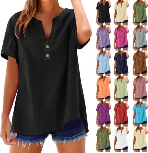 Linen Shirts for Women V Neck Button Down Short Sleeve Work Summer Tops Casual Plus Size Vacation Blouse