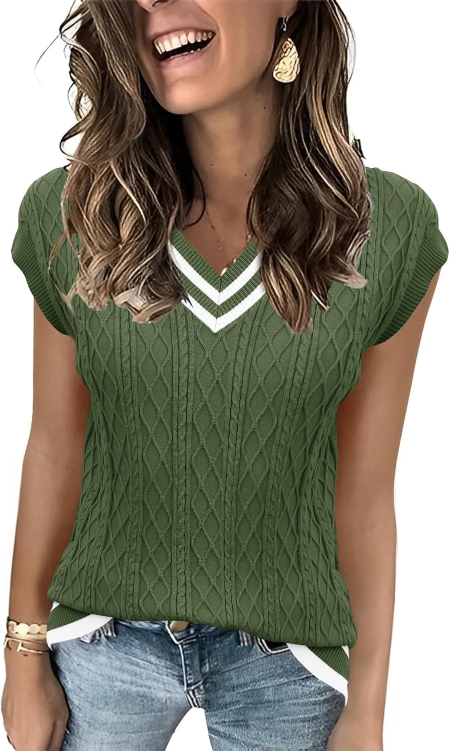 LOMON Womens V Neck Sweater Vest Cap Sleeve Cable Knit Casual Loose Fit Pullover Sleeveless Tank Top