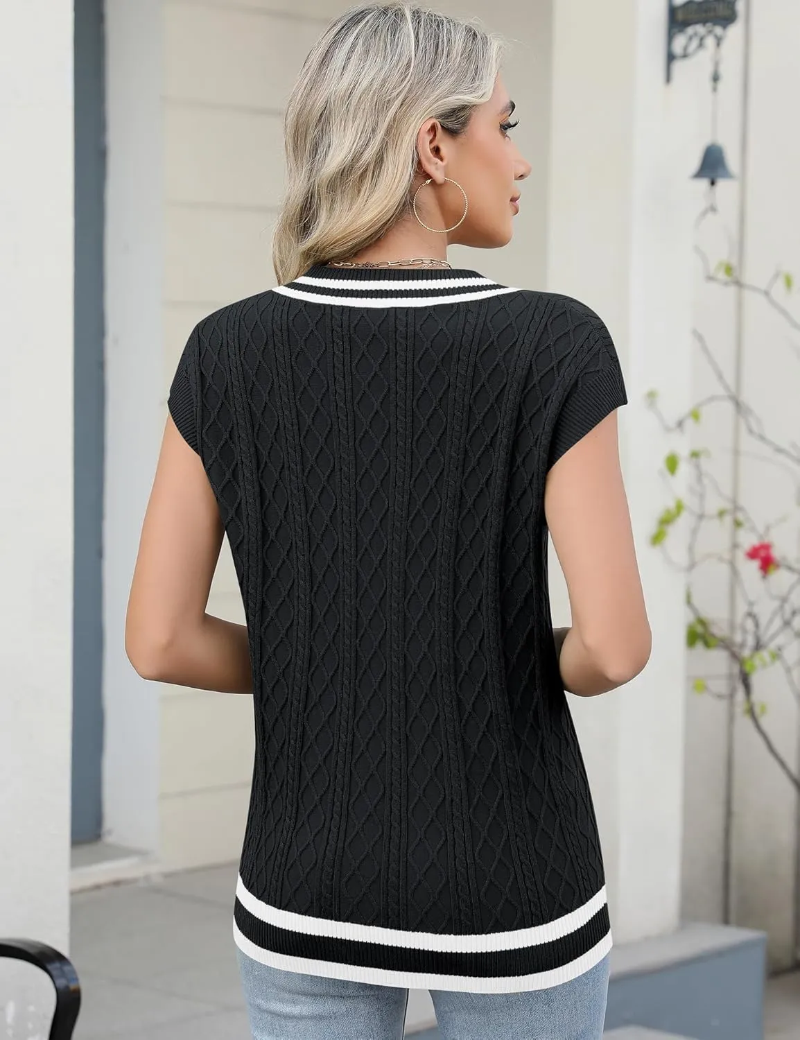 LOMON Womens V Neck Sweater Vest Cap Sleeve Cable Knit Casual Loose Fit Pullover Sleeveless Tank Top