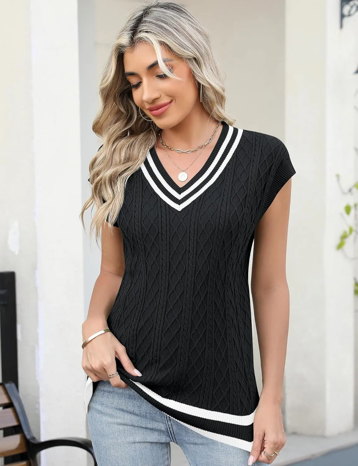 LOMON Womens V Neck Sweater Vest Cap Sleeve Cable Knit Casual Loose Fit Pullover Sleeveless Tank Top