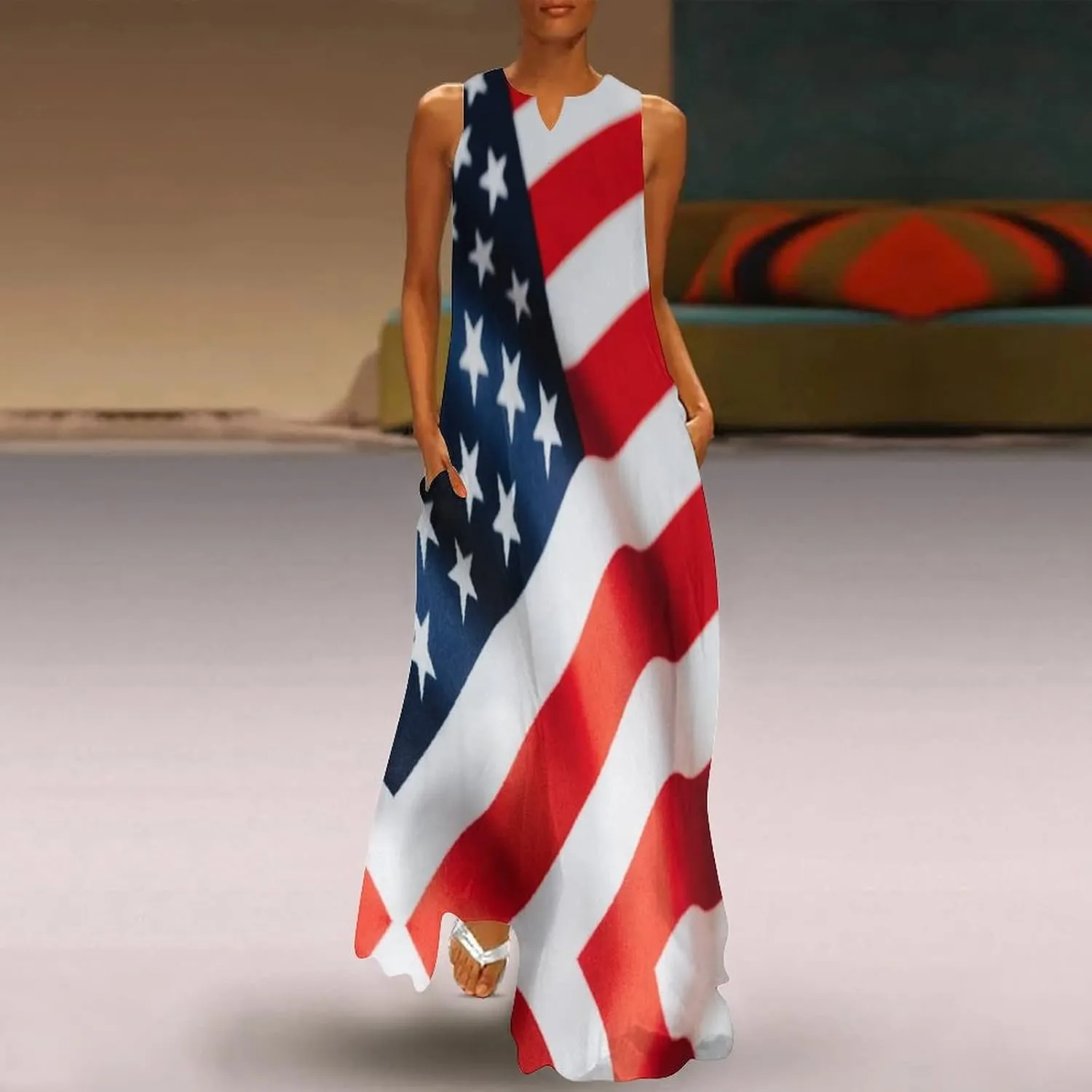 Long Dress Skirts for Womens Summer Top American Flag Casual V Neck Shift Dress XL