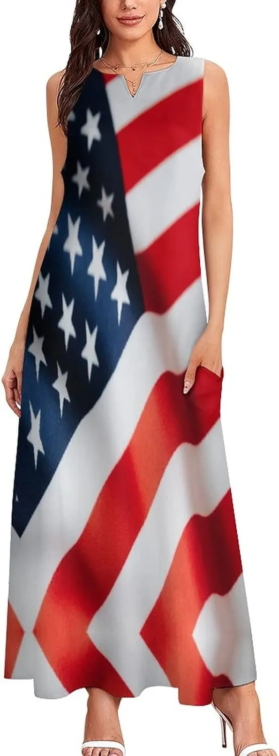 Long Dress Skirts for Womens Summer Top American Flag Casual V Neck Shift Dress XL