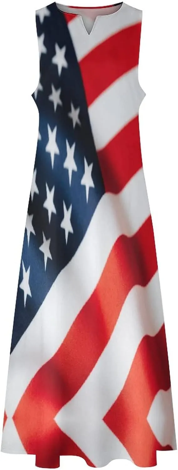 Long Dress Skirts for Womens Summer Top American Flag Casual V Neck Shift Dress XL