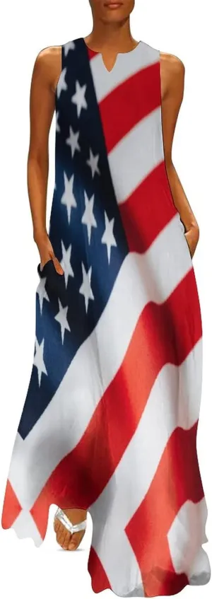 Long Dress Skirts for Womens Summer Top American Flag Casual V Neck Shift Dress XL