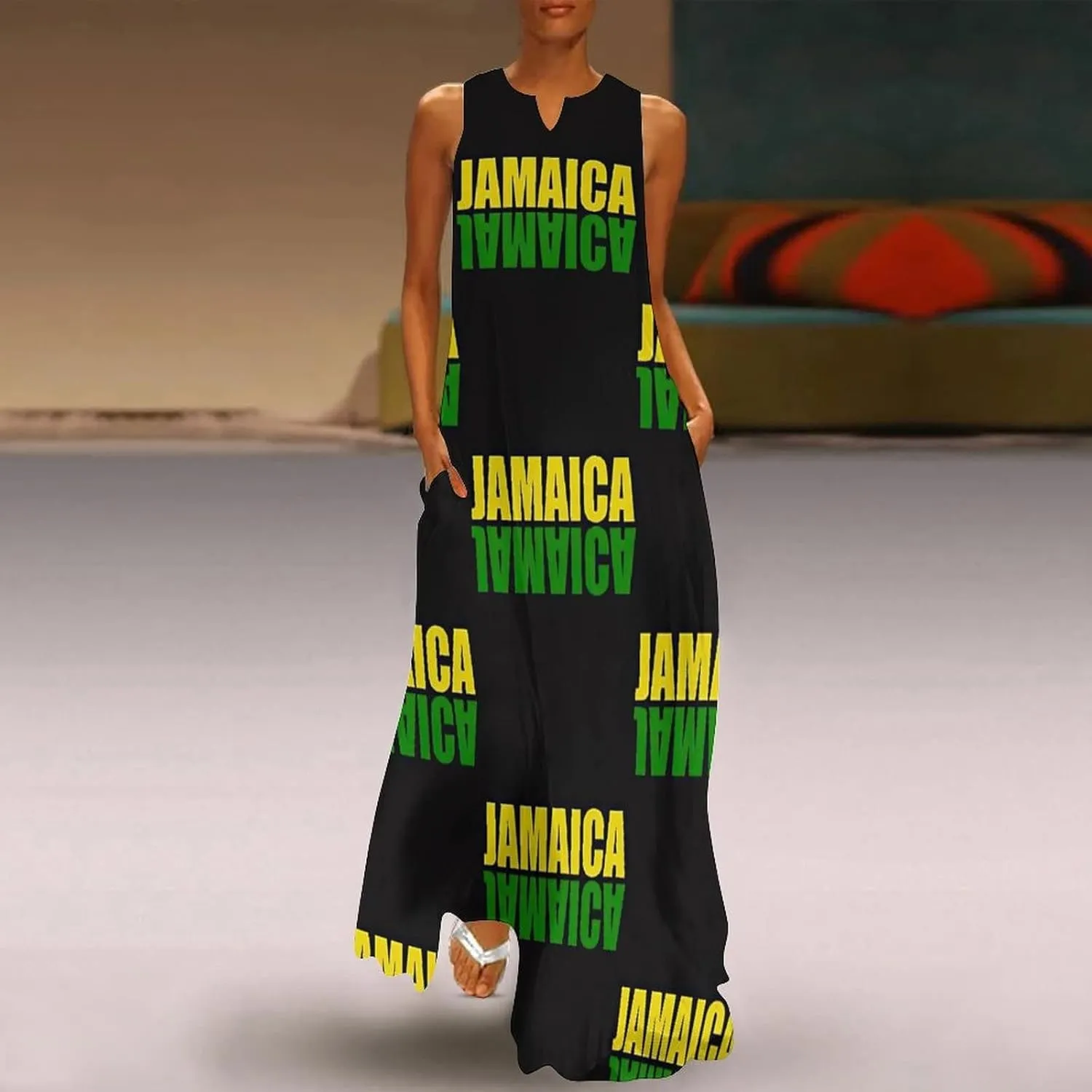 Long Dress Skirts for Womens Summer Top Jamaica Flag Casual V Neck Shift Dress S