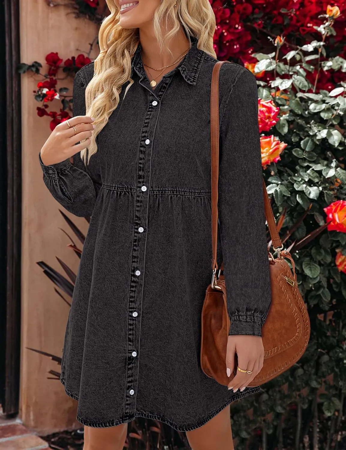 LookbookStore Long Sleeve Denim Dress for Women Jean Dress Button Down Casual Babydoll Denim Shirt Dress
