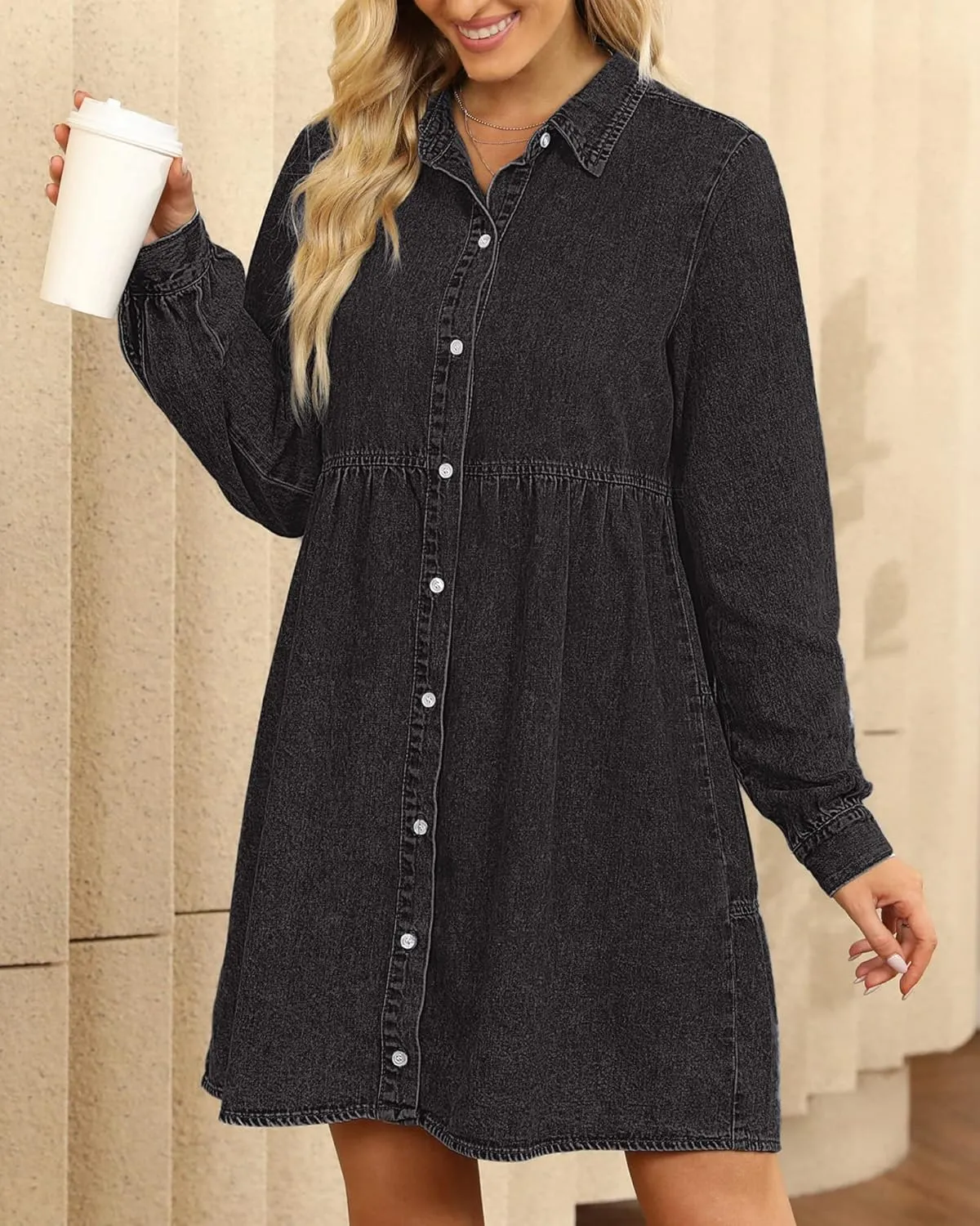 LookbookStore Long Sleeve Denim Dress for Women Jean Dress Button Down Casual Babydoll Denim Shirt Dress