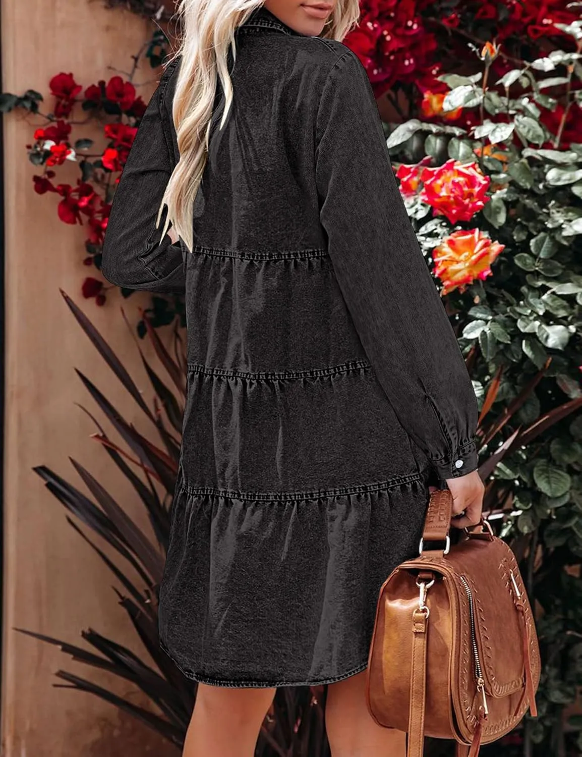 LookbookStore Long Sleeve Denim Dress for Women Jean Dress Button Down Casual Babydoll Denim Shirt Dress