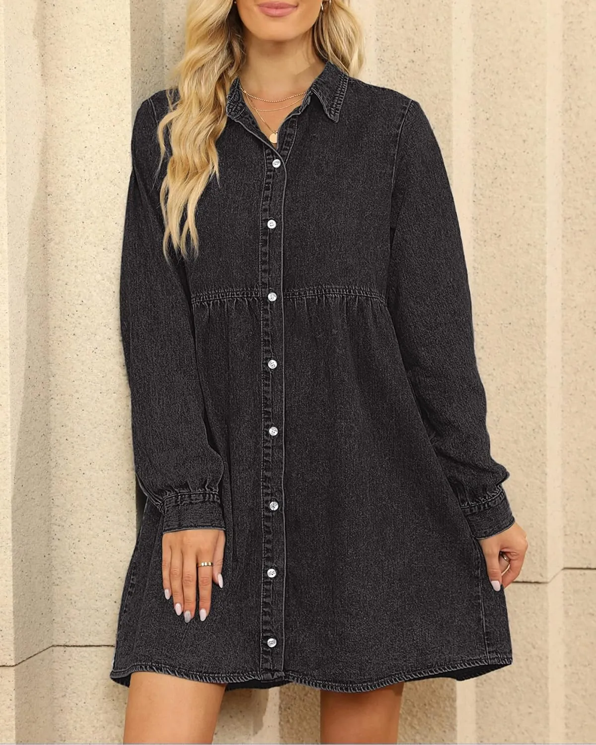 LookbookStore Long Sleeve Denim Dress for Women Jean Dress Button Down Casual Babydoll Denim Shirt Dress