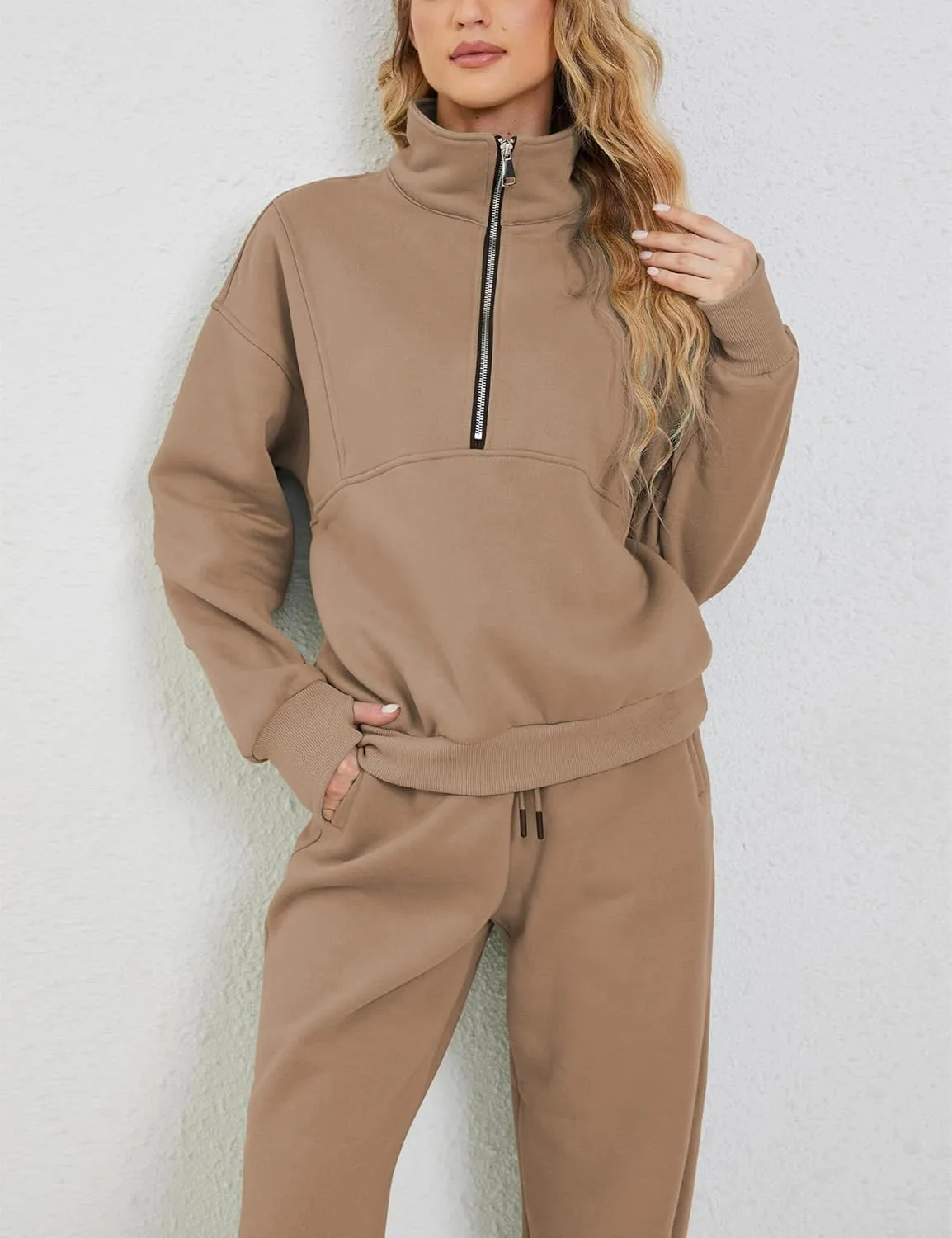 LTSCNRM Women Fleece Sweatsuits Two Piece Airport Outfits Half Zip Pullover Sweatshirt Jogging Pants Tracksuit Set