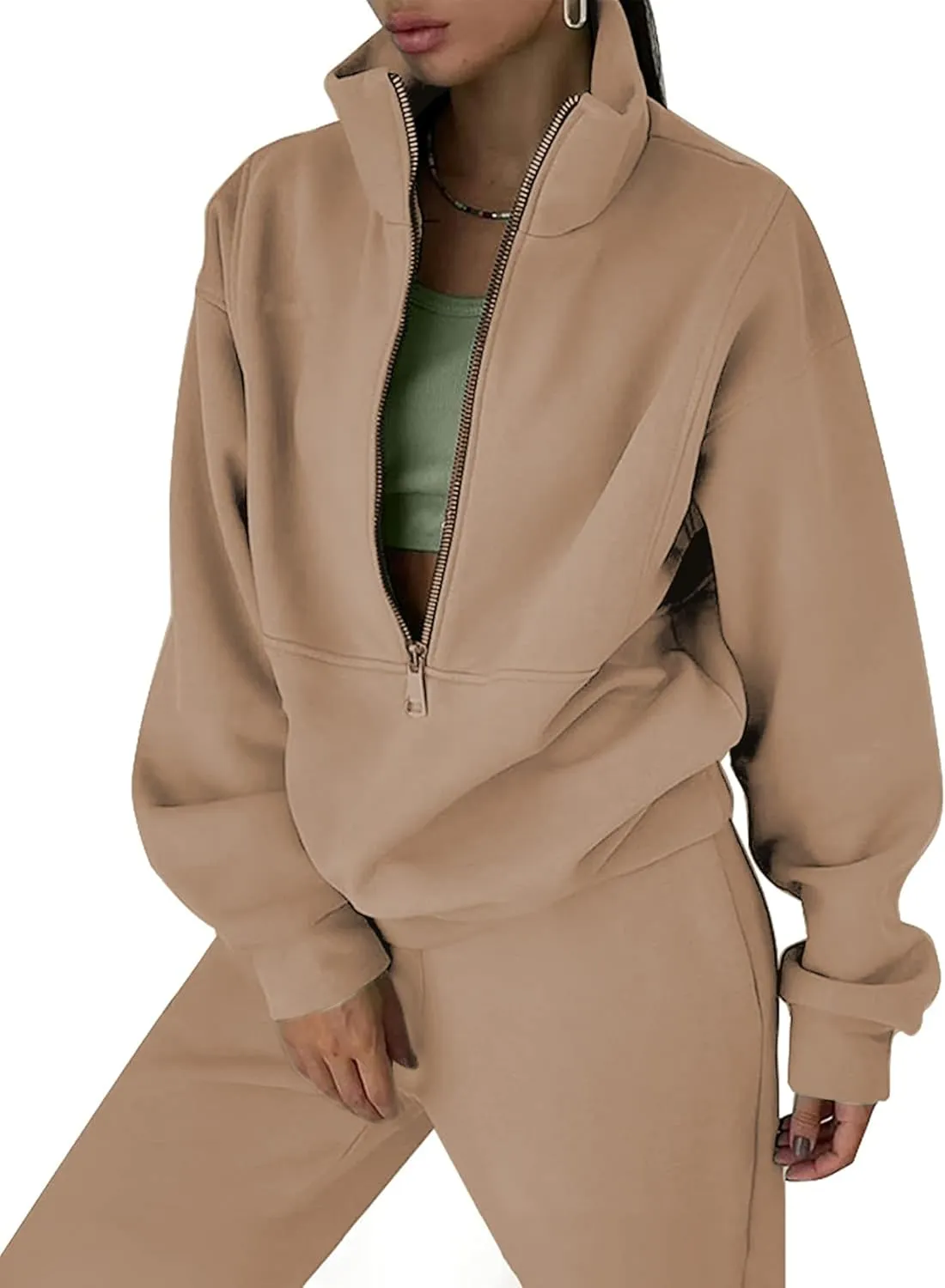 LTSCNRM Women Fleece Sweatsuits Two Piece Airport Outfits Half Zip Pullover Sweatshirt Jogging Pants Tracksuit Set