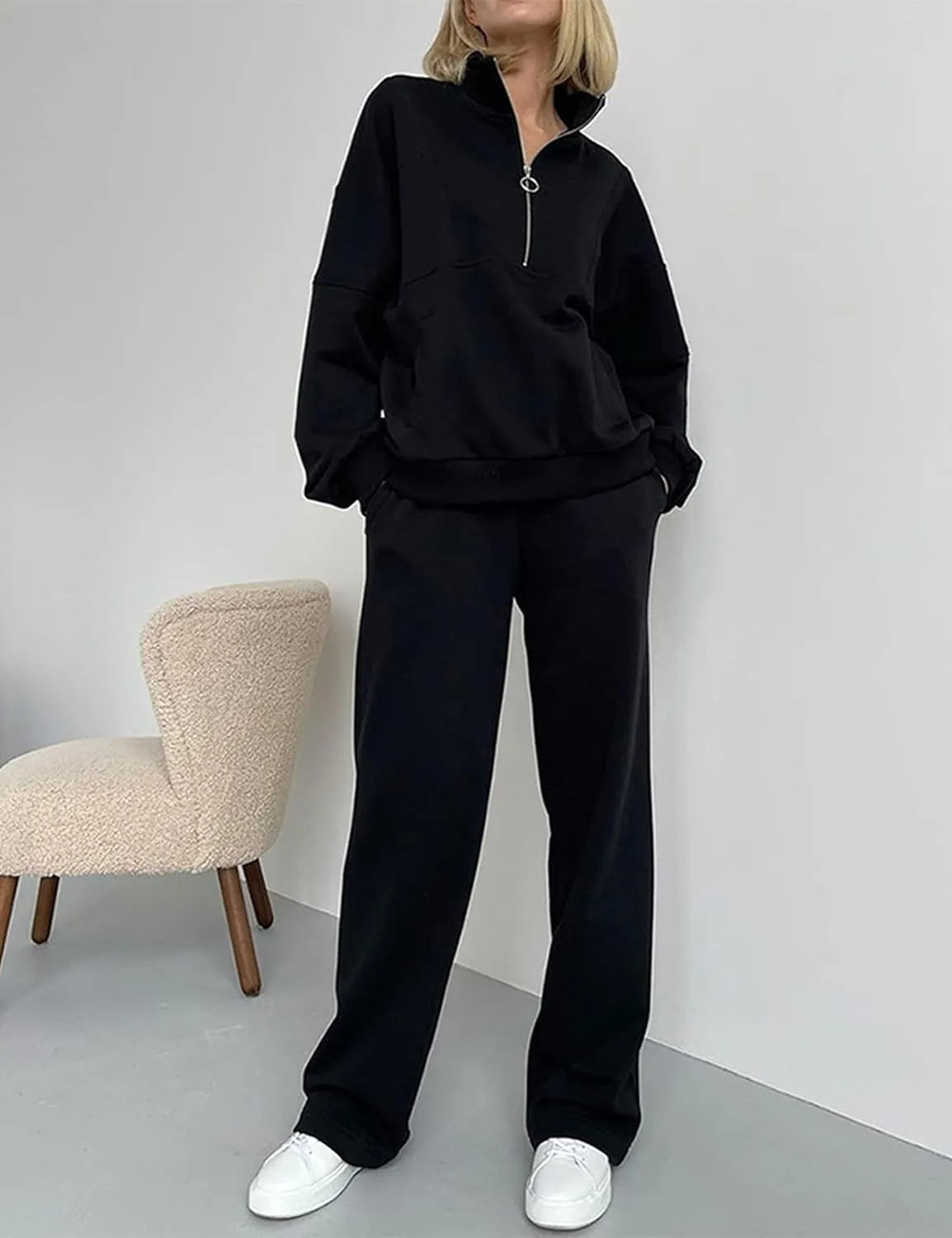 LTSCNRM Women Fleece Sweatsuits Two Piece Airport Outfits Half Zip Pullover Sweatshirt Jogging Pants Tracksuit Set