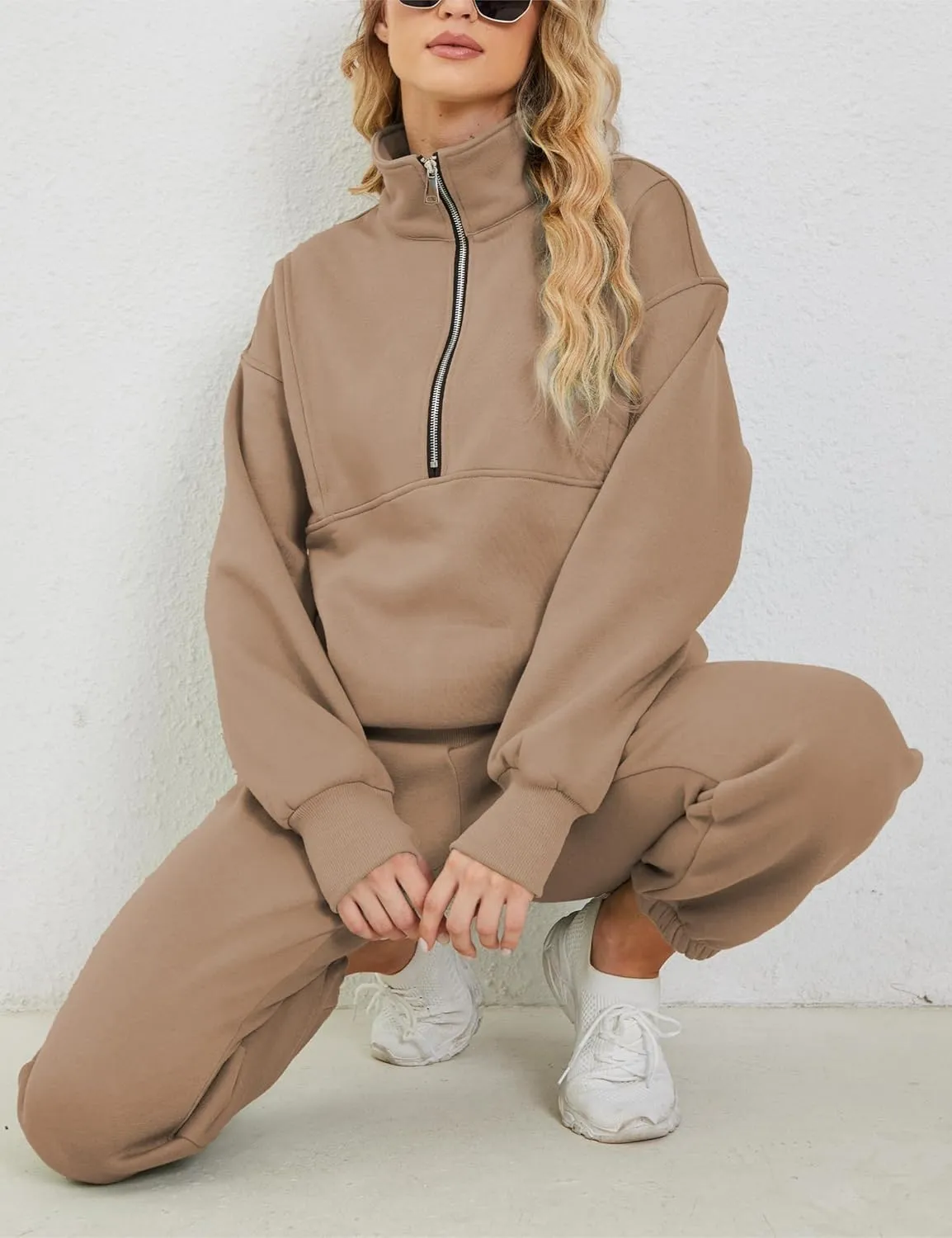 LTSCNRM Women Fleece Sweatsuits Two Piece Airport Outfits Half Zip Pullover Sweatshirt Jogging Pants Tracksuit Set