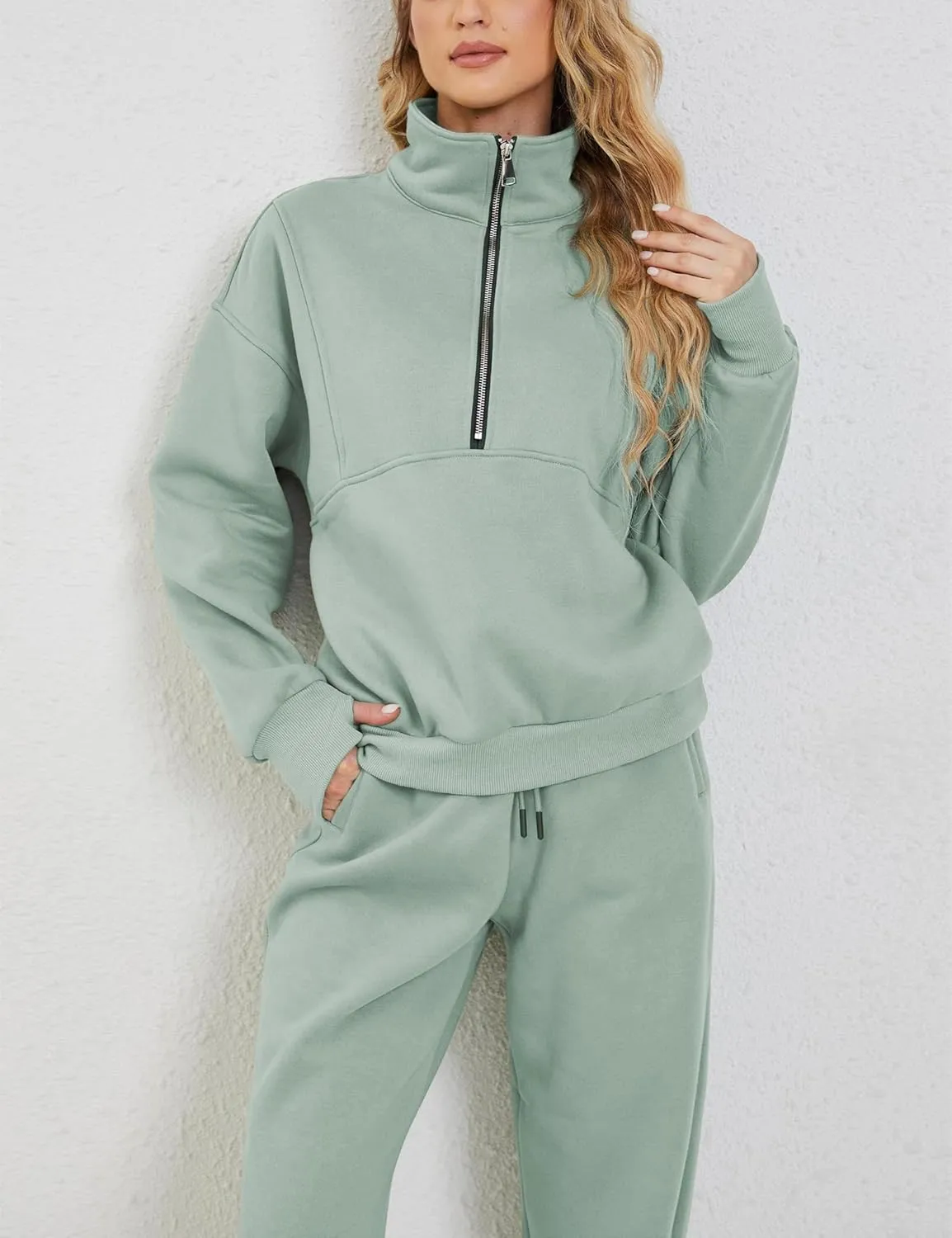 LTSCNRM Women Fleece Sweatsuits Two Piece Airport Outfits Half Zip Pullover Sweatshirt Jogging Pants Tracksuit Set