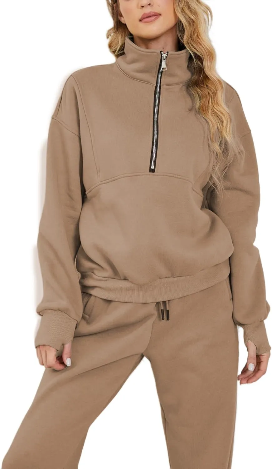 LTSCNRM Women Fleece Sweatsuits Two Piece Airport Outfits Half Zip Pullover Sweatshirt Jogging Pants Tracksuit Set