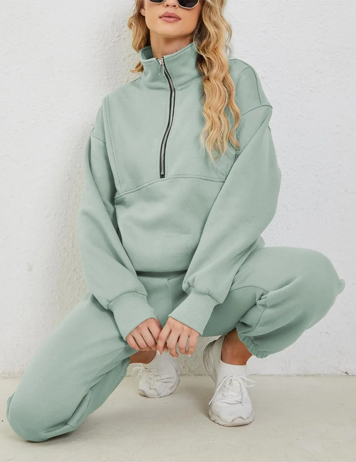LTSCNRM Women Fleece Sweatsuits Two Piece Airport Outfits Half Zip Pullover Sweatshirt Jogging Pants Tracksuit Set