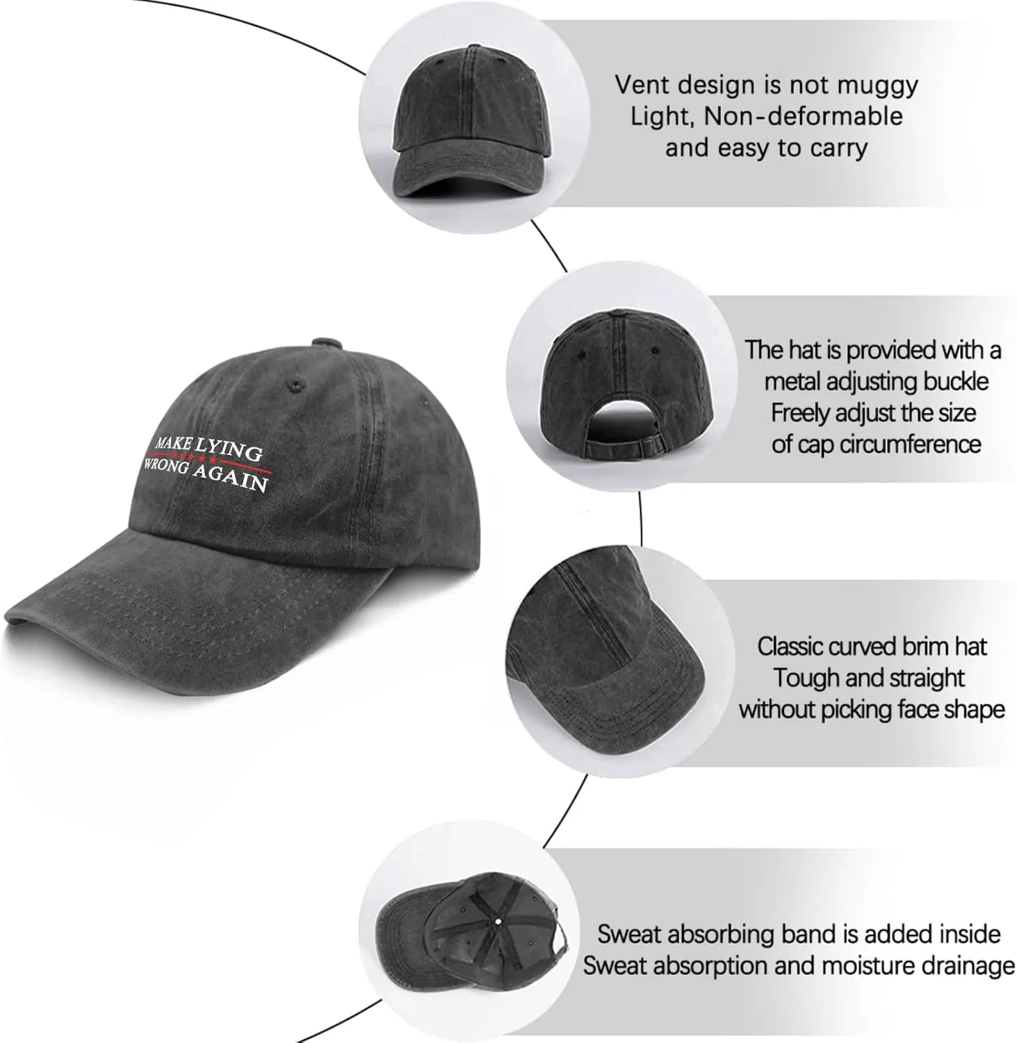 Make Lying Wrong Again Hats for Womens Baseball Caps Trendy Washed Workout Hat Cotton